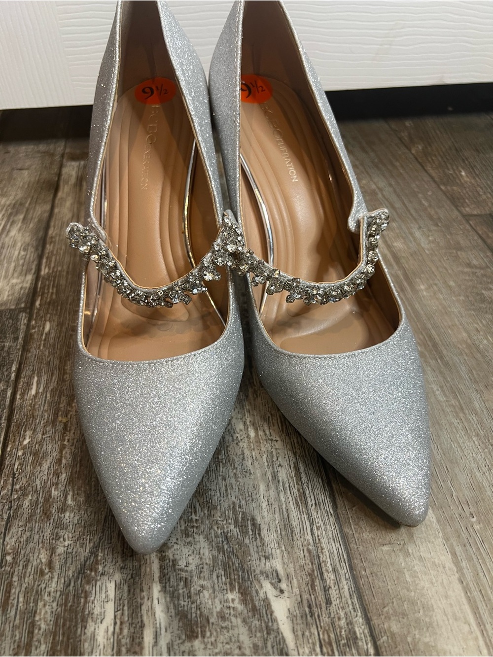 BCBG Sparkling Silver Pointed Toe Women's Heels with Crystal Strap